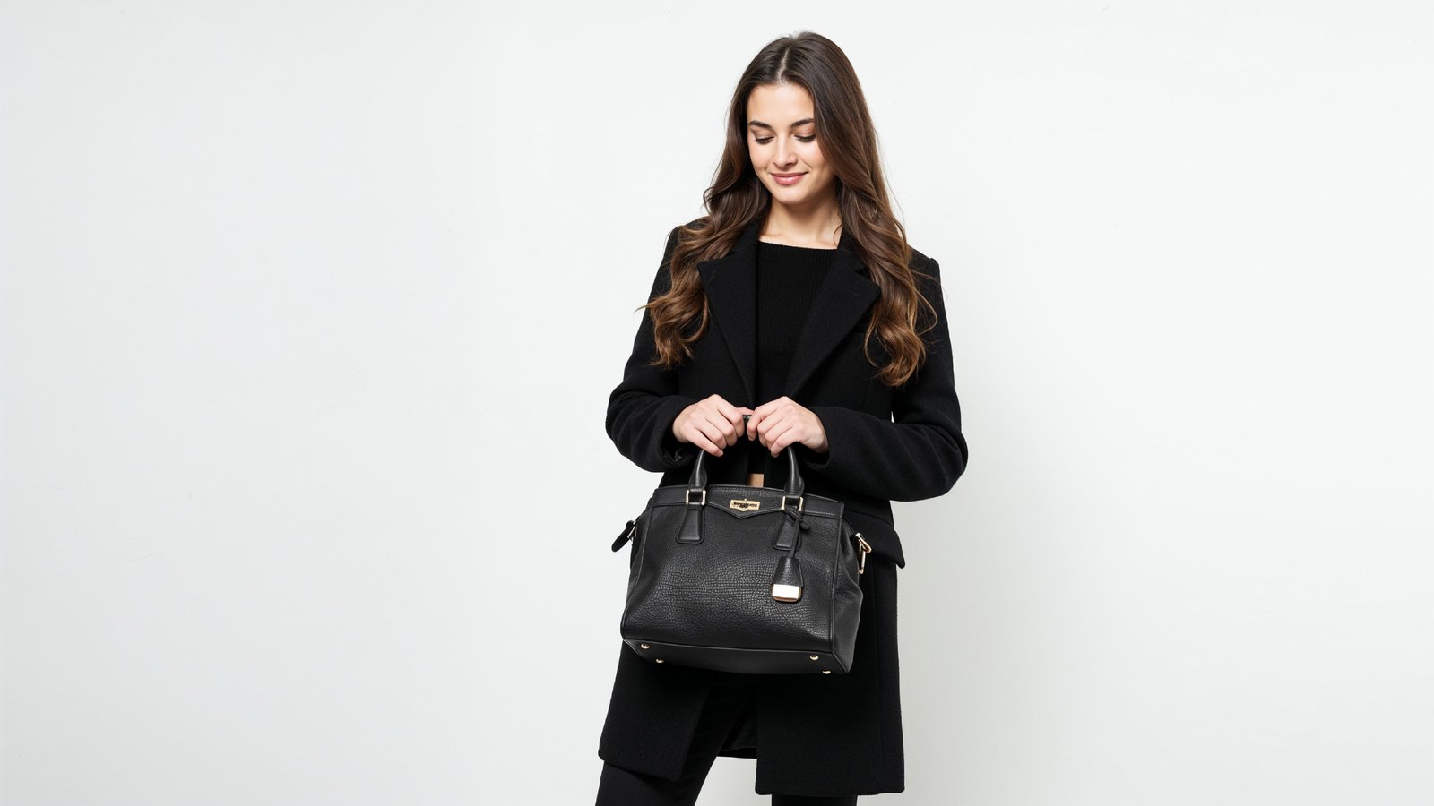 Elegant Young Woman in Modern Black Coat with Luxury Handbag