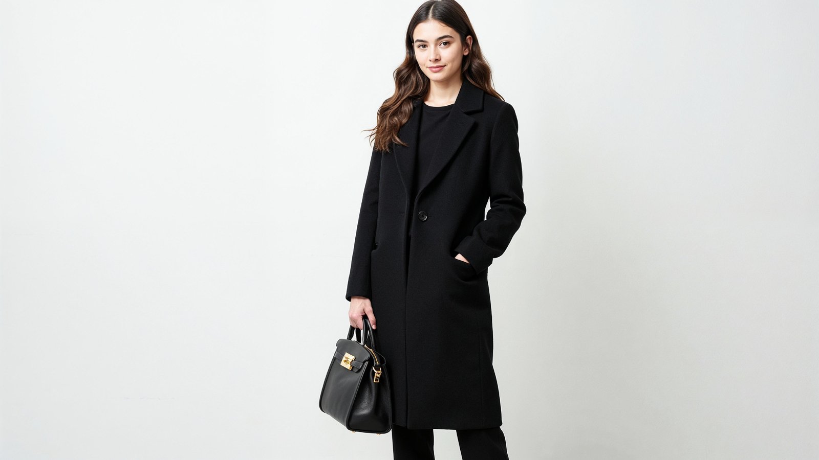 Elegant Young Woman in Modern Black Coat with Luxury Handbag