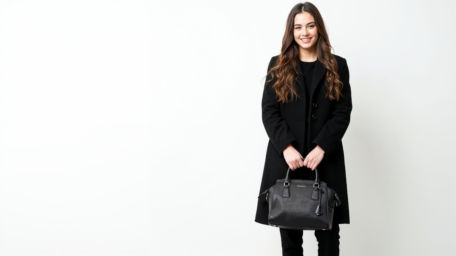 Elegant Young Woman in Modern Black Coat with Luxury Handbag