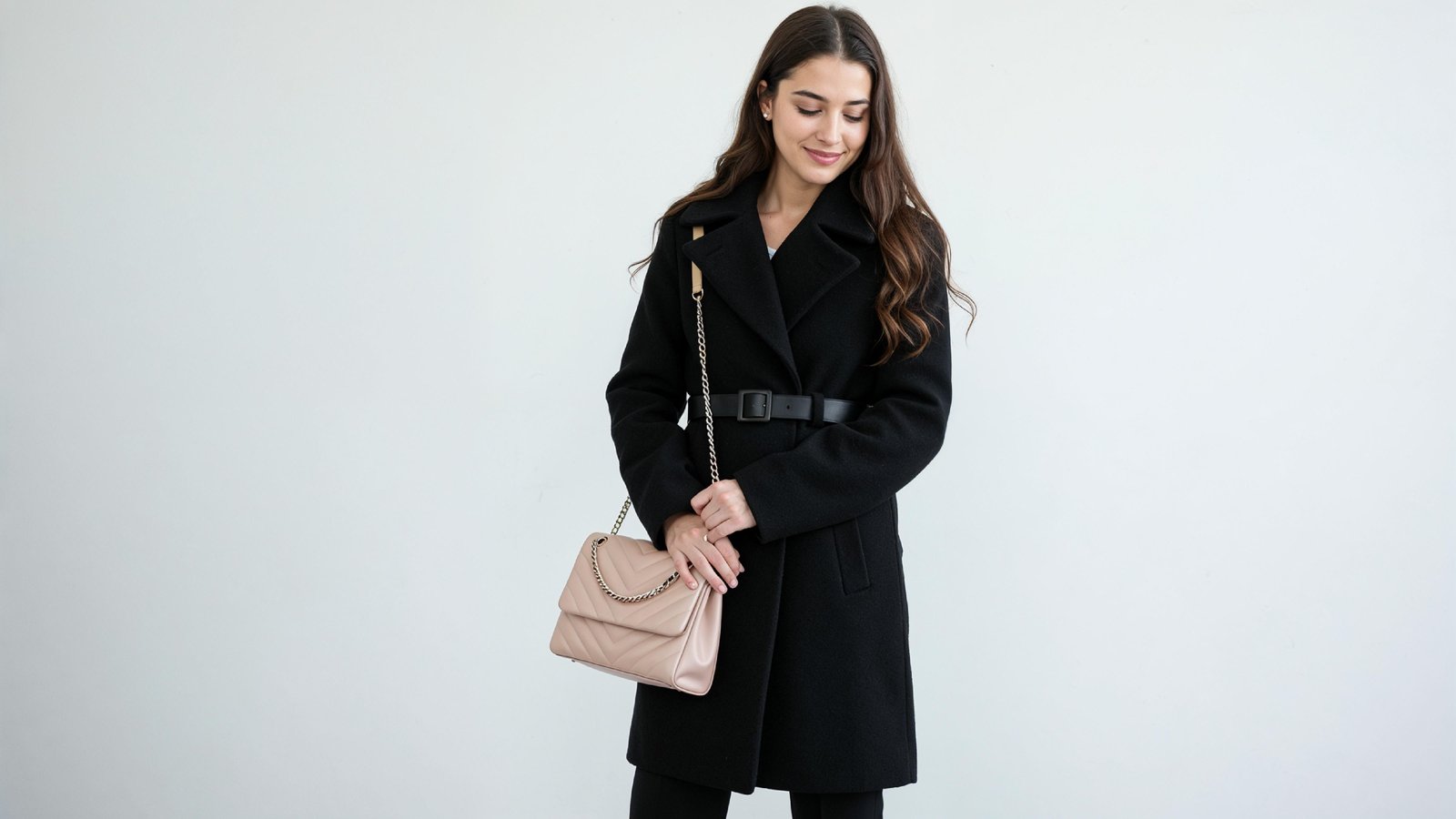 Elegant Young Woman in Modern Black Coat with Luxury Handbag