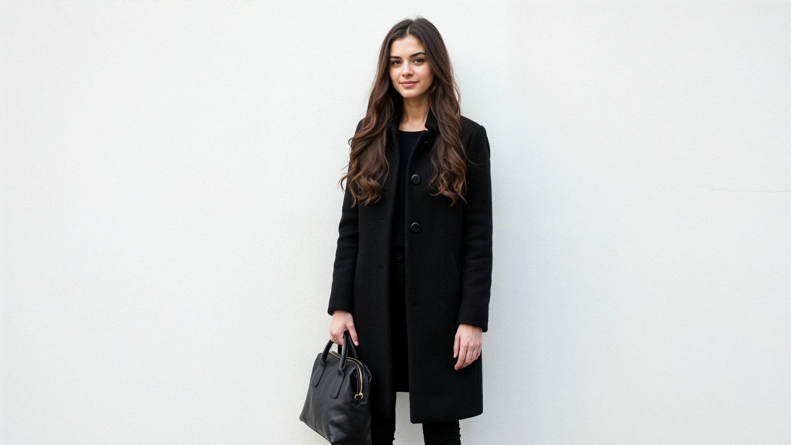 Elegant Young Woman in Modern Black Coat with Luxury Handbag