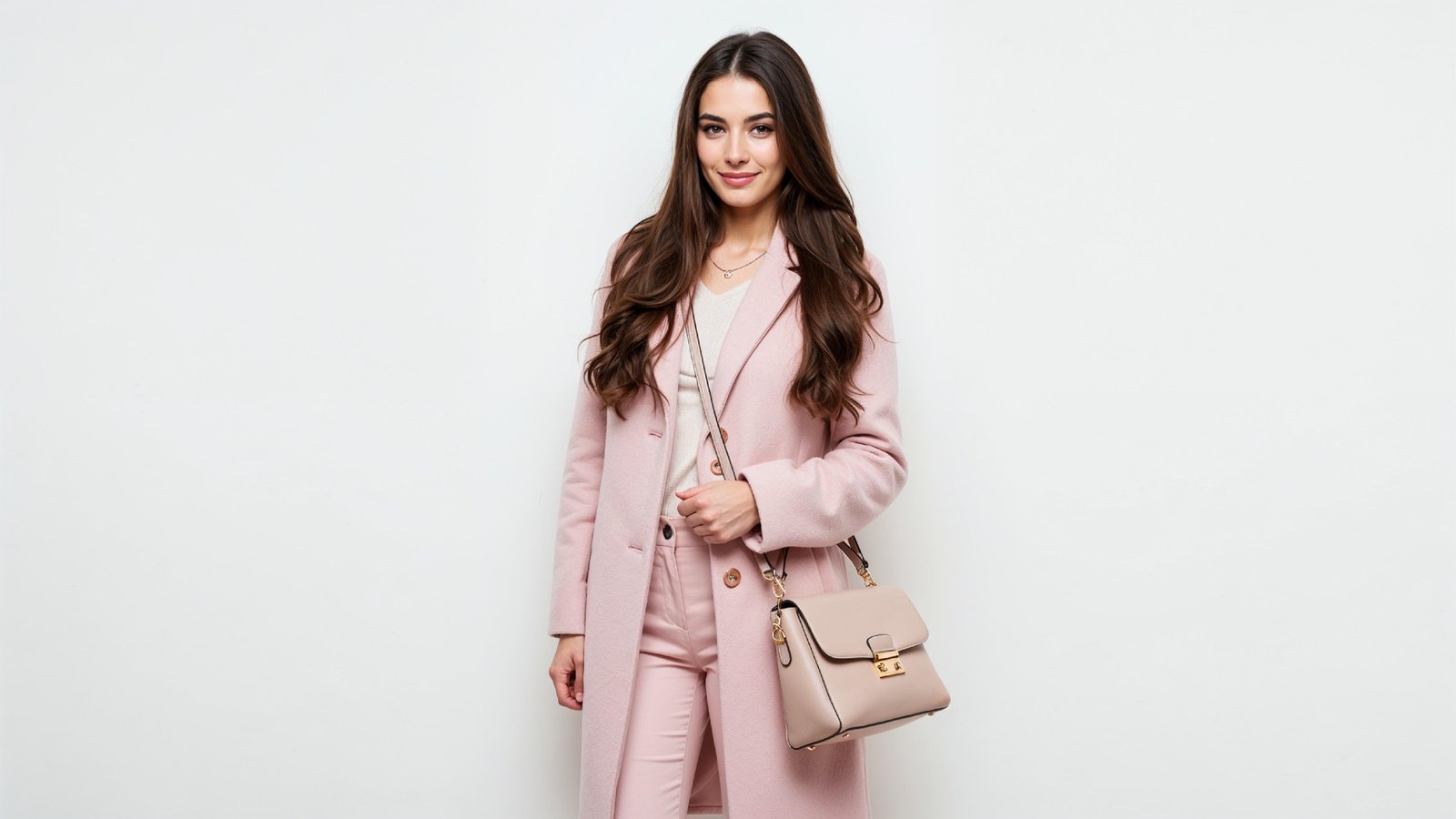 Elegant Young Woman in Pastel Pink Coat with Stylish Handbag
