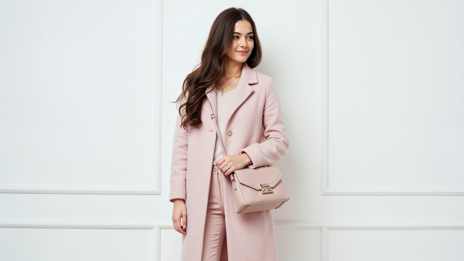 Elegant Young Woman in Pastel Pink Coat with Stylish Handbag
