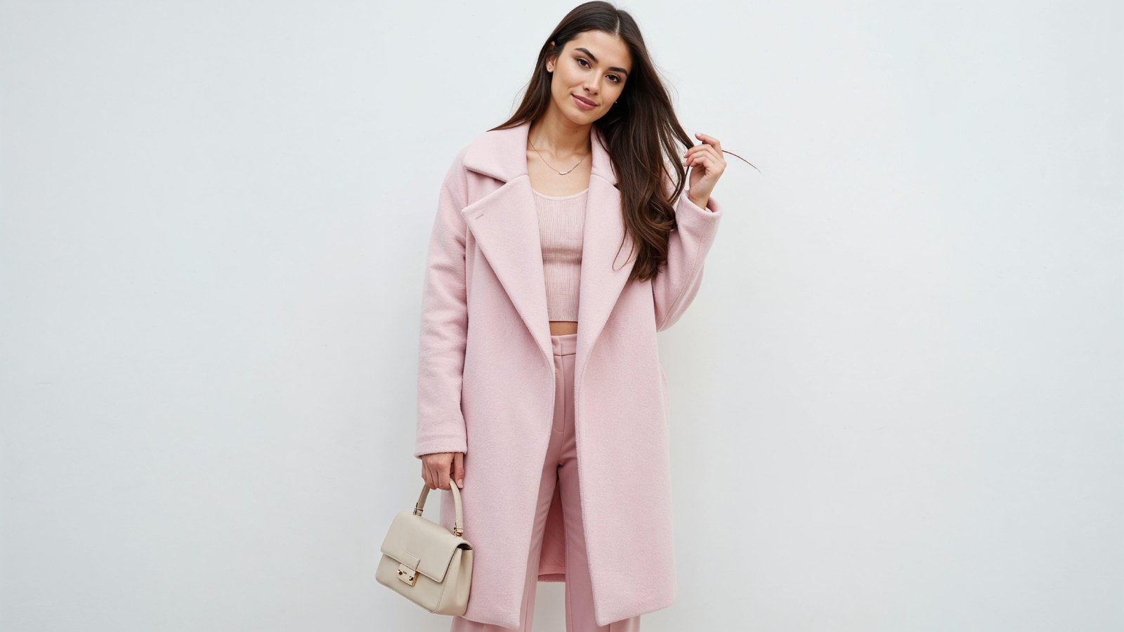 Elegant Young Woman in Pastel Pink Coat with Stylish Handbag