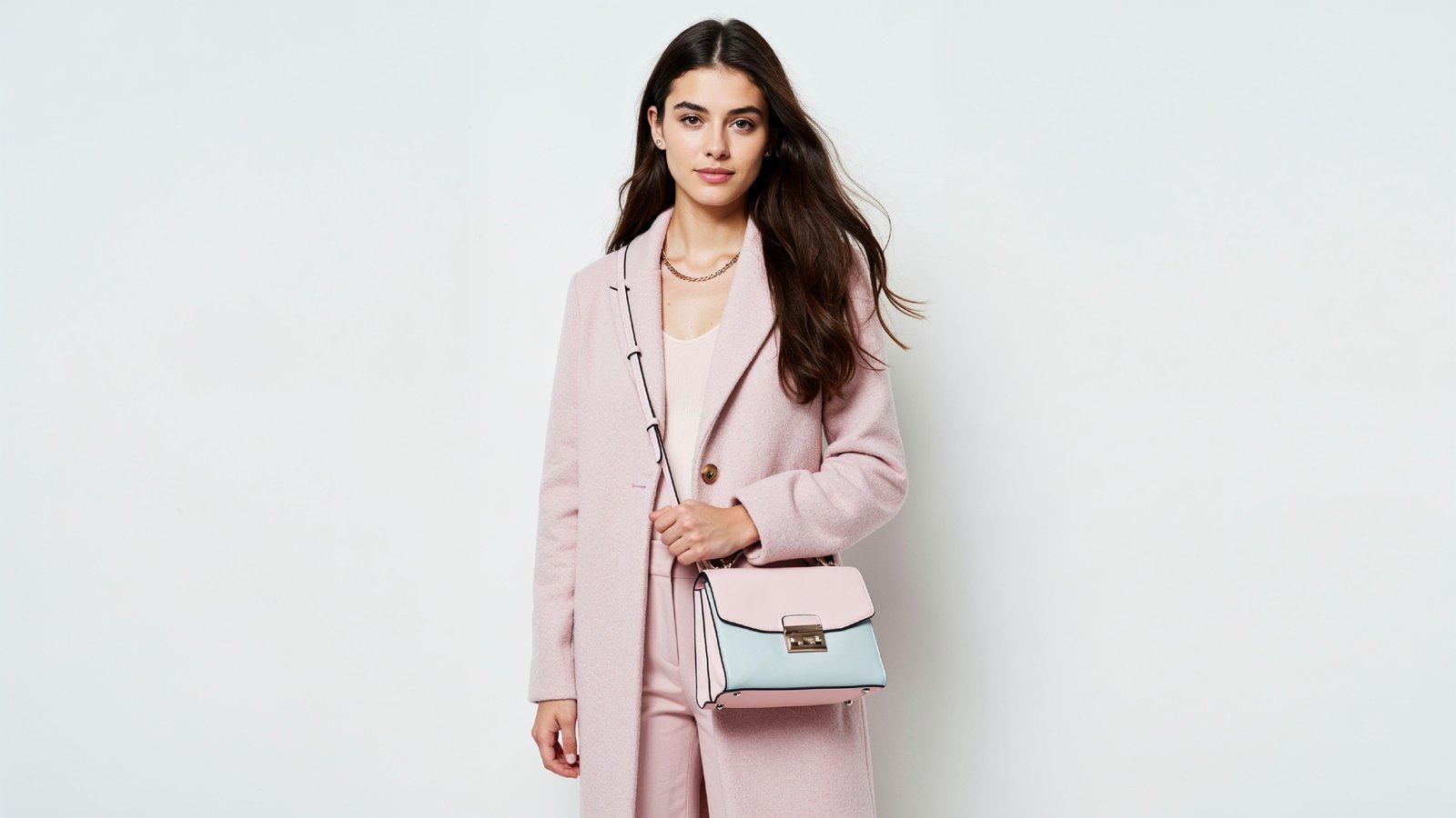 Elegant Young Woman in Pastel Pink Coat with Stylish Handbag