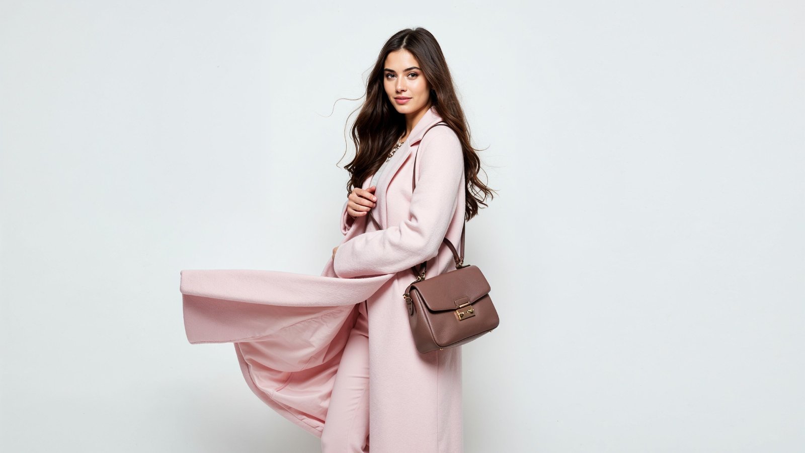 Elegant Young Woman in Pastel Pink Coat with Stylish Handbag