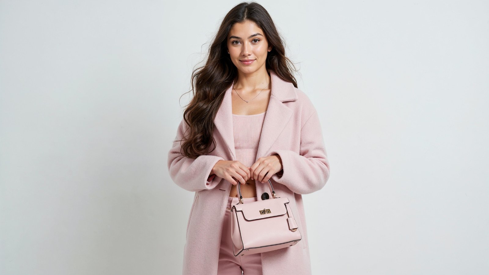 Elegant Young Woman in Pastel Pink Coat with Stylish Handbag