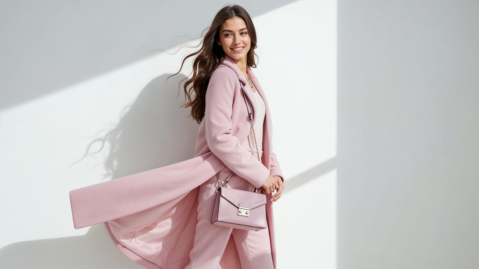 Elegant Young Woman in Pastel Pink Coat with Stylish Handbag