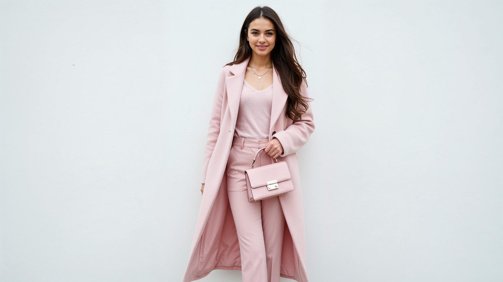 Elegant Young Woman in Pastel Pink Coat with Stylish Handbag