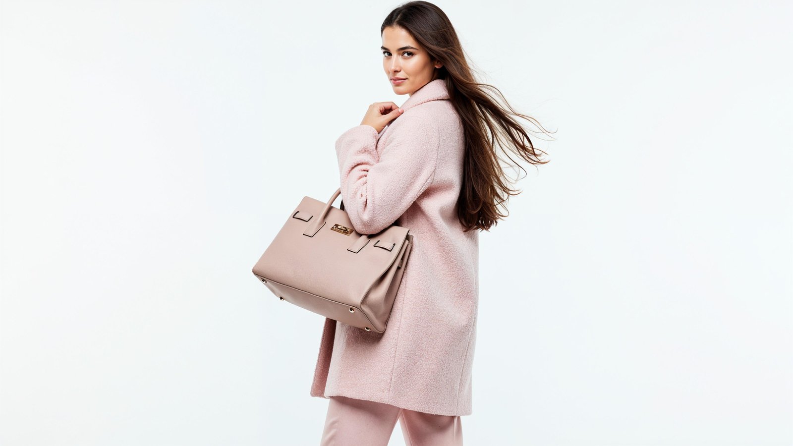 Elegant Young Woman in Pastel Pink Coat with Stylish Handbag