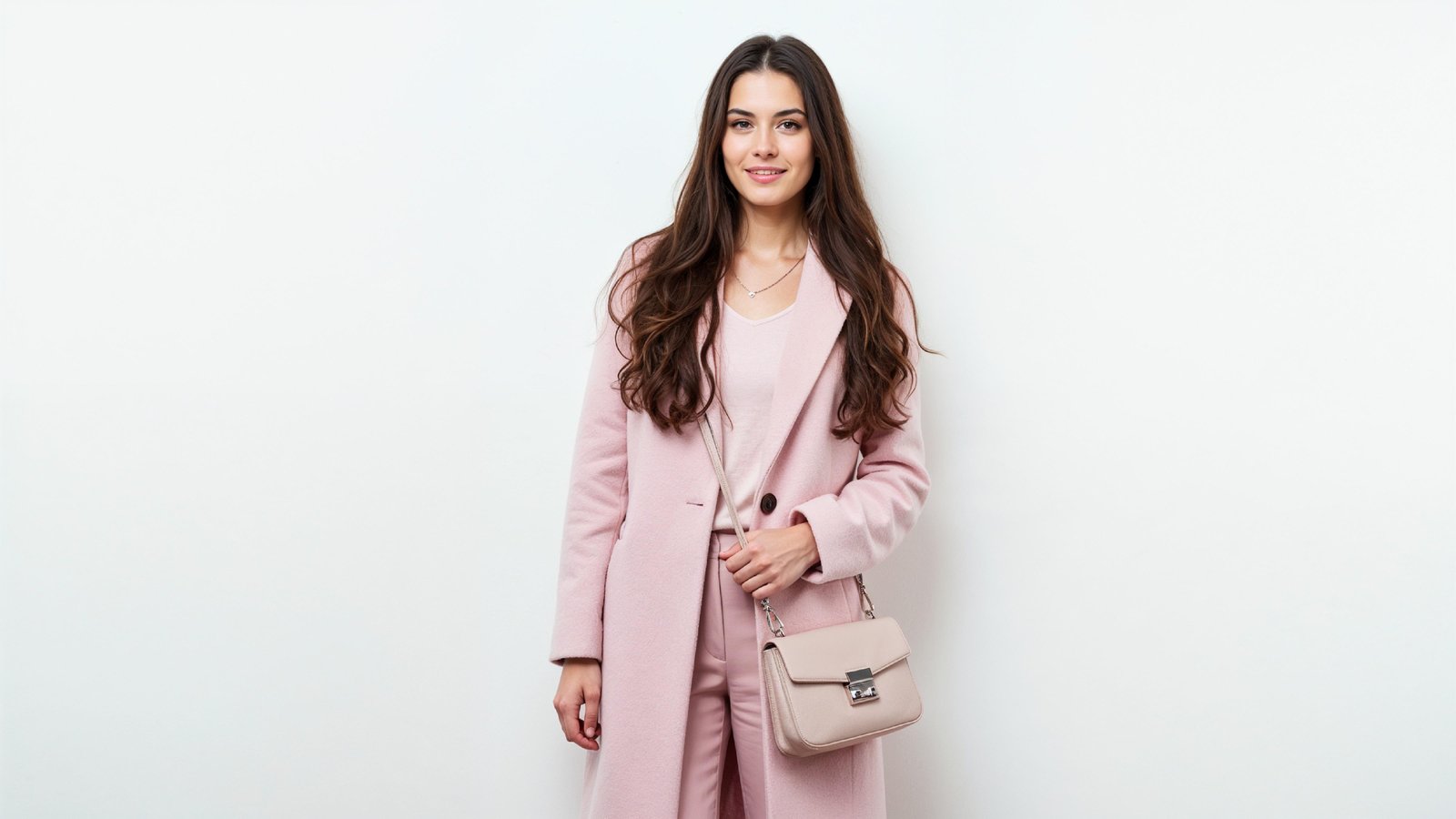 Elegant Young Woman in Pastel Pink Coat with Stylish Handbag