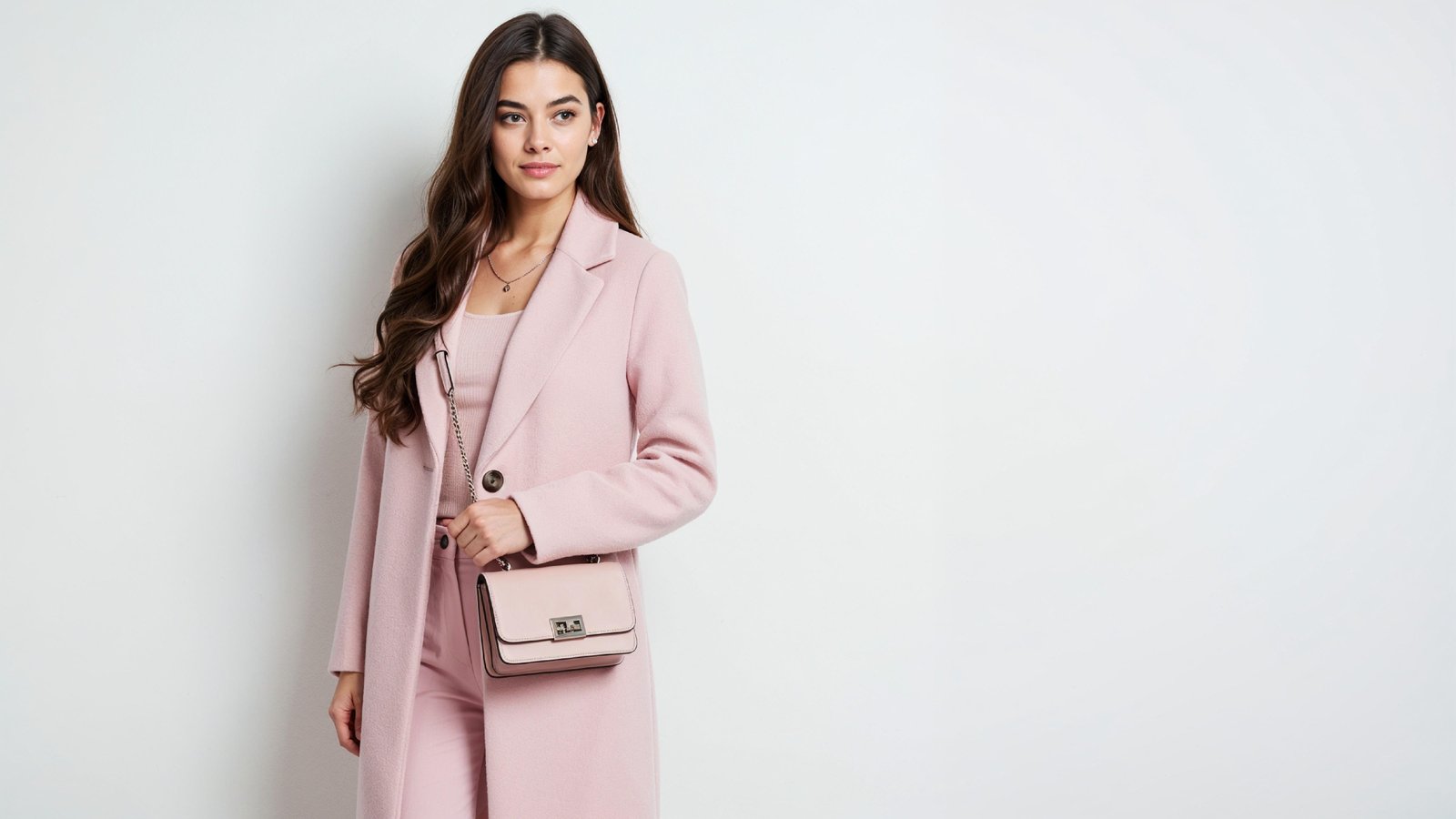 Elegant Young Woman in Pastel Pink Coat with Stylish Handbag