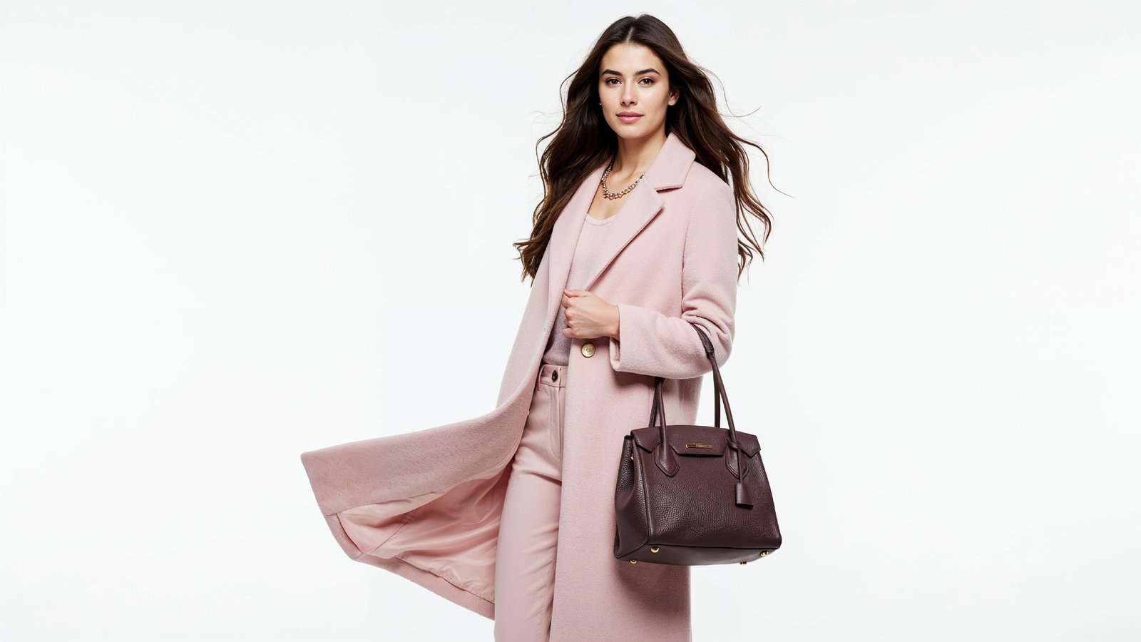 Elegant Young Woman in Pastel Pink Coat with Stylish Handbag