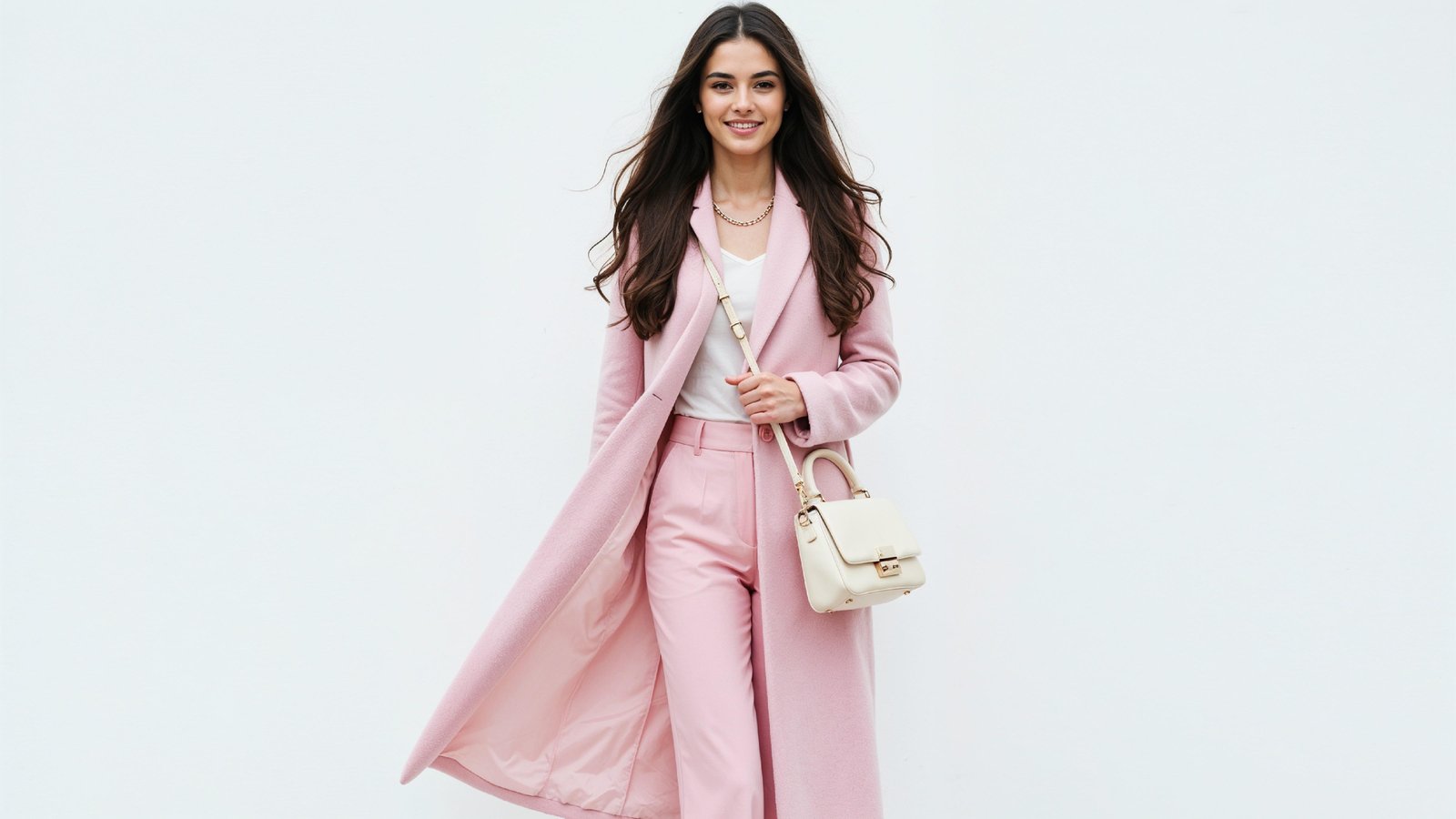 Elegant Young Woman in Pastel Pink Coat with Stylish Handbag