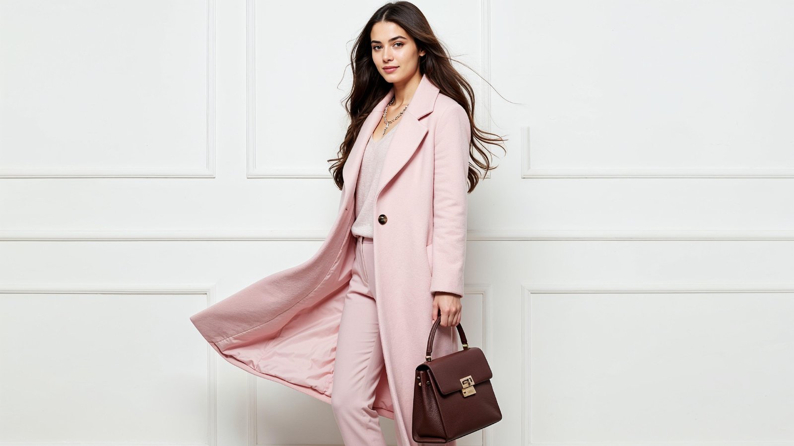 Elegant Young Woman in Pastel Pink Coat with Stylish Handbag
