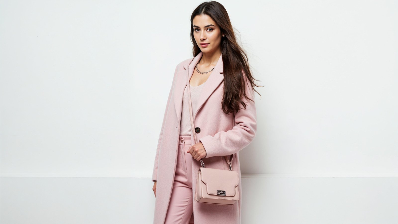 Elegant Young Woman in Pastel Pink Coat with Stylish Handbag