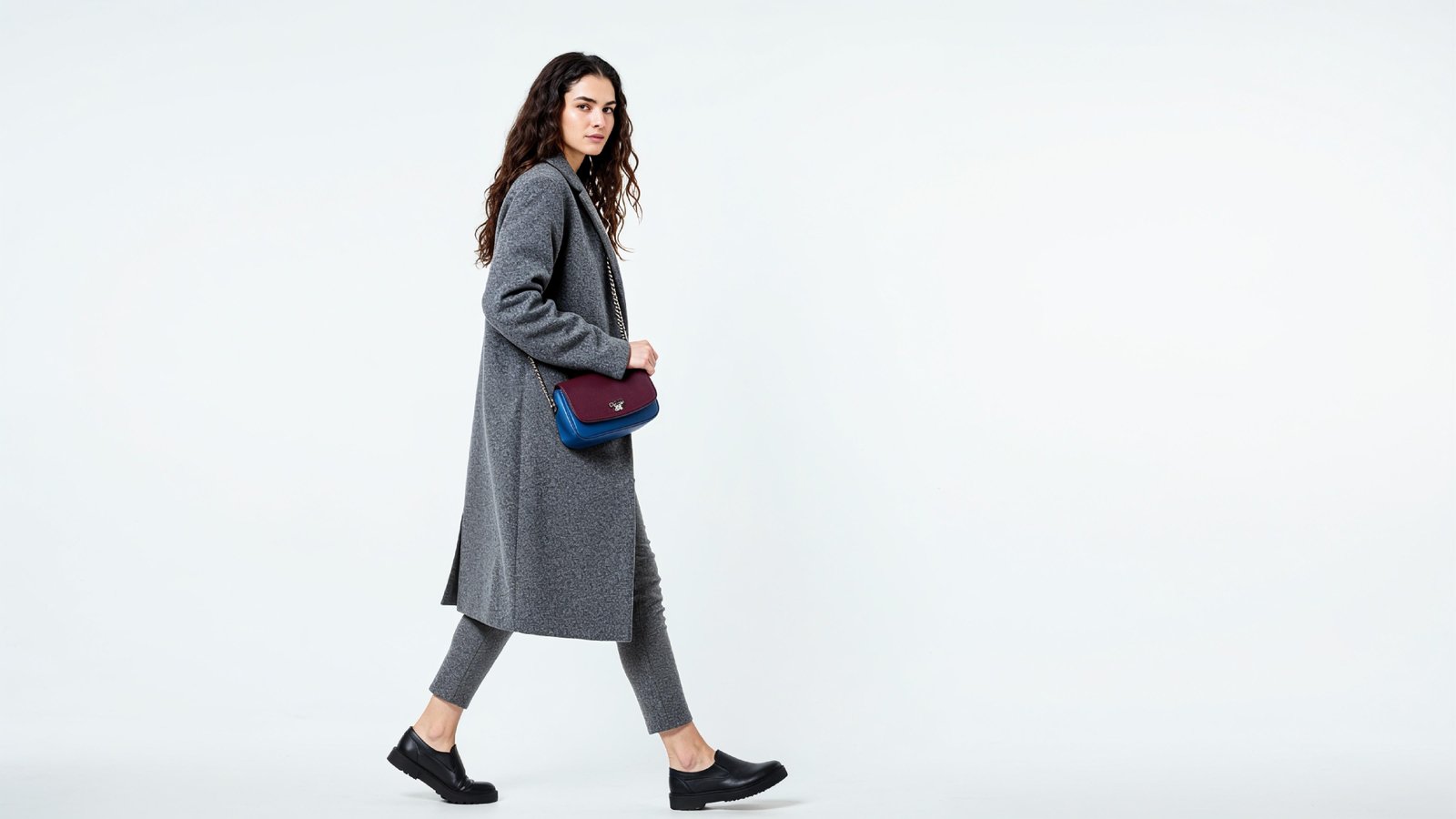 Fashionable Woman in Gray Coat and Trousers with Crossbody Bag