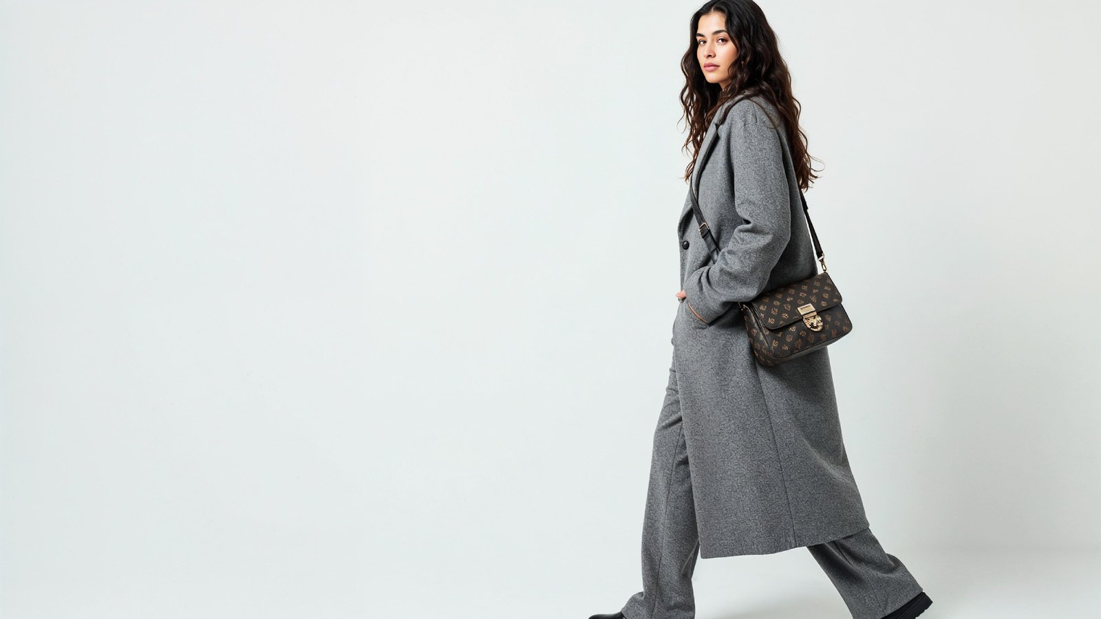 Fashionable Woman in Gray Coat and Trousers with Crossbody Bag