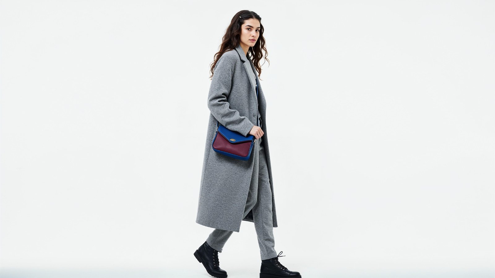 Fashionable Woman in Gray Coat and Trousers with Crossbody Bag
