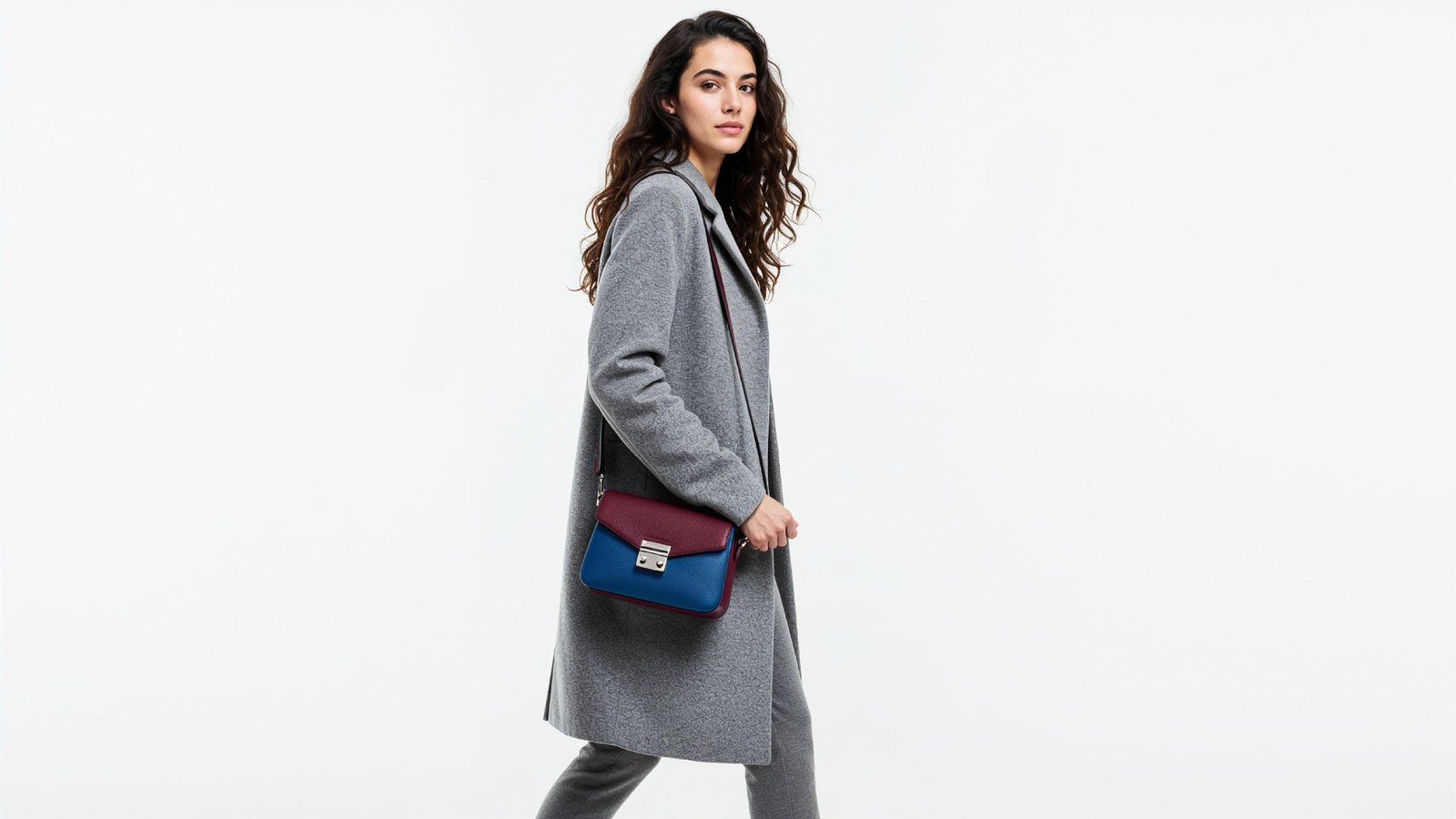 Fashionable Woman in Gray Coat and Trousers with Crossbody Bag