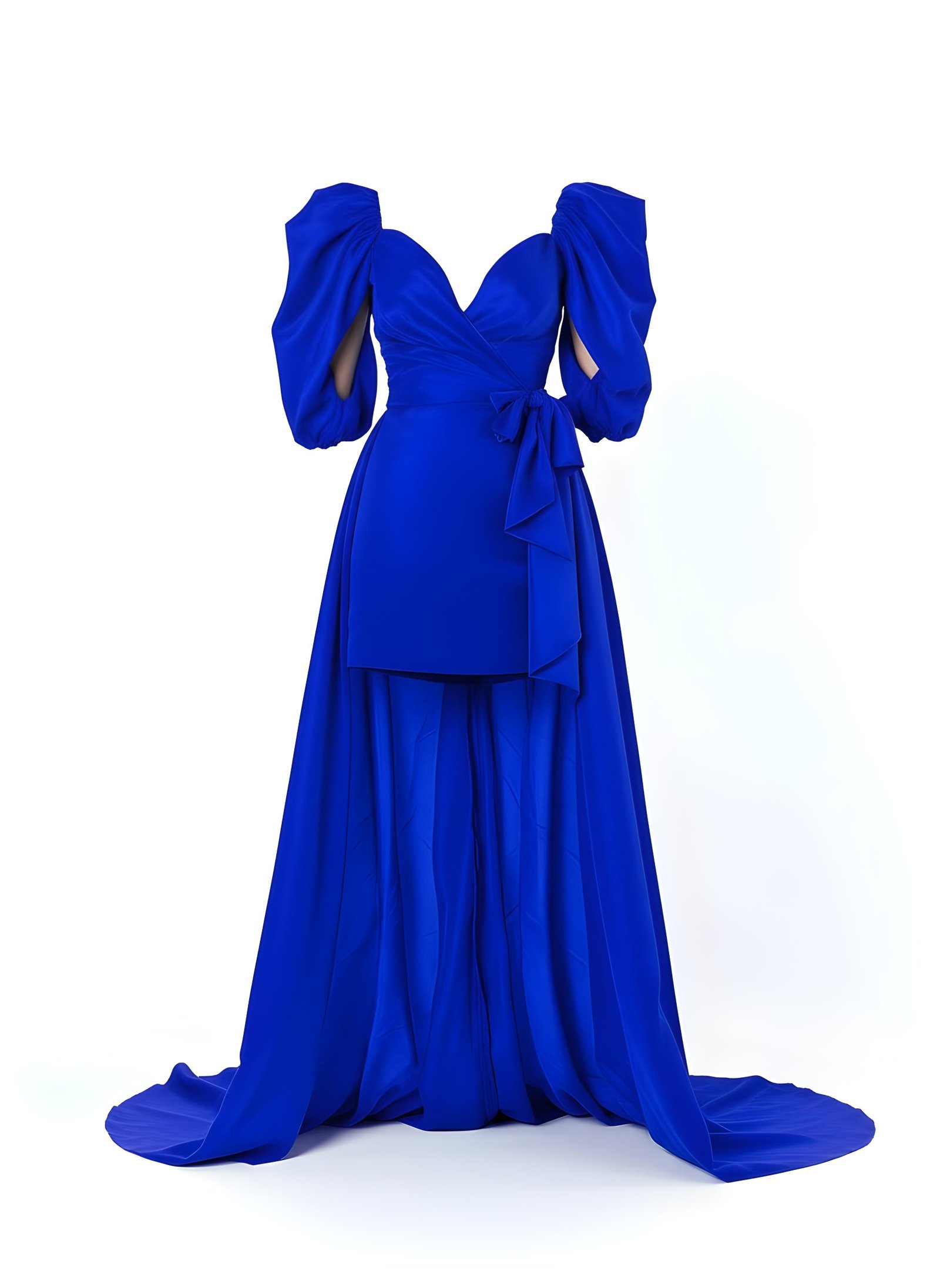 Beautiful Blonde Woman Wearing Elegant Blue Bodycon Dress Isolated on White Background