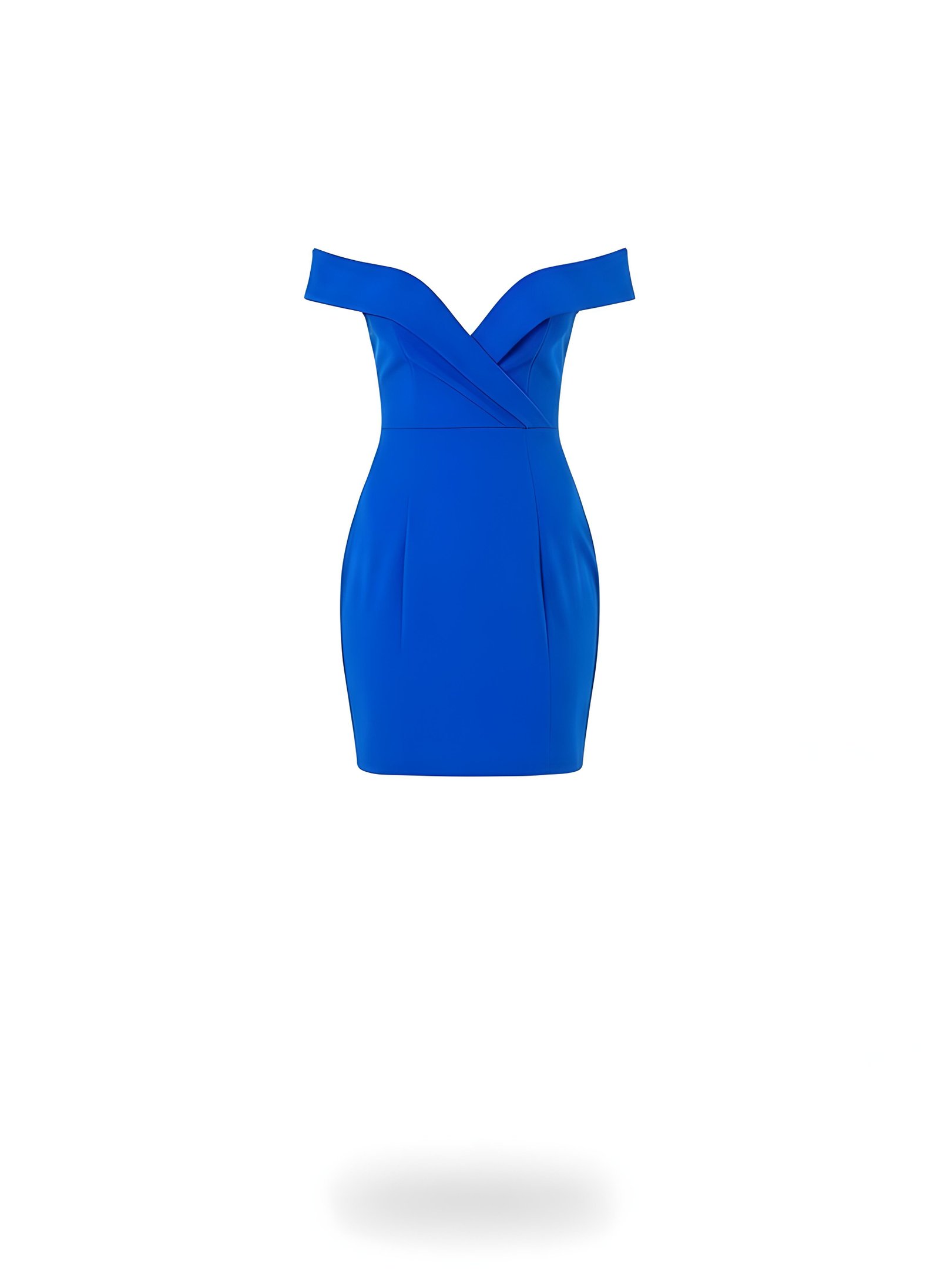 Beautiful Blonde Woman Wearing Elegant Blue Bodycon Dress Isolated on White Background