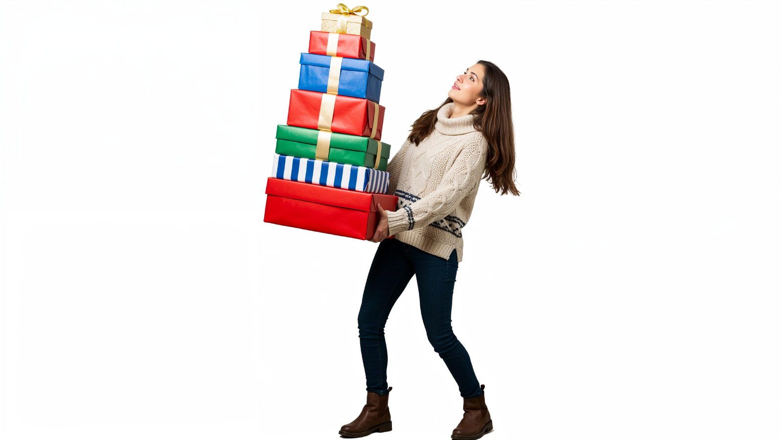 Happy Young Woman Carrying Stack of Colorful Gift Boxes