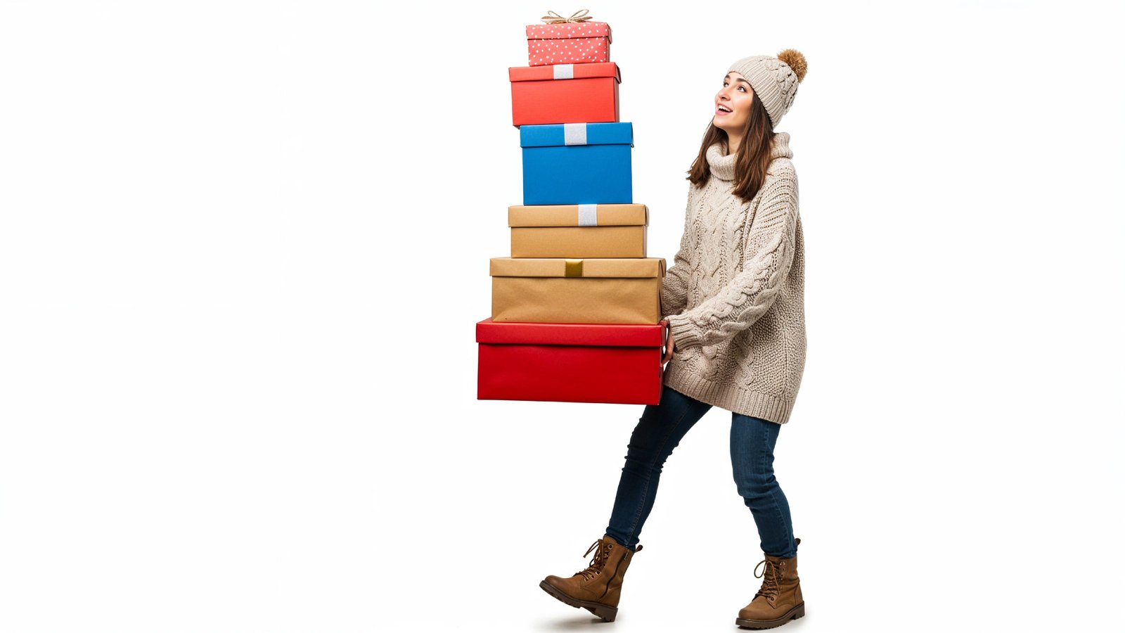 Happy Young Woman Carrying Stack of Colorful Gift Boxes