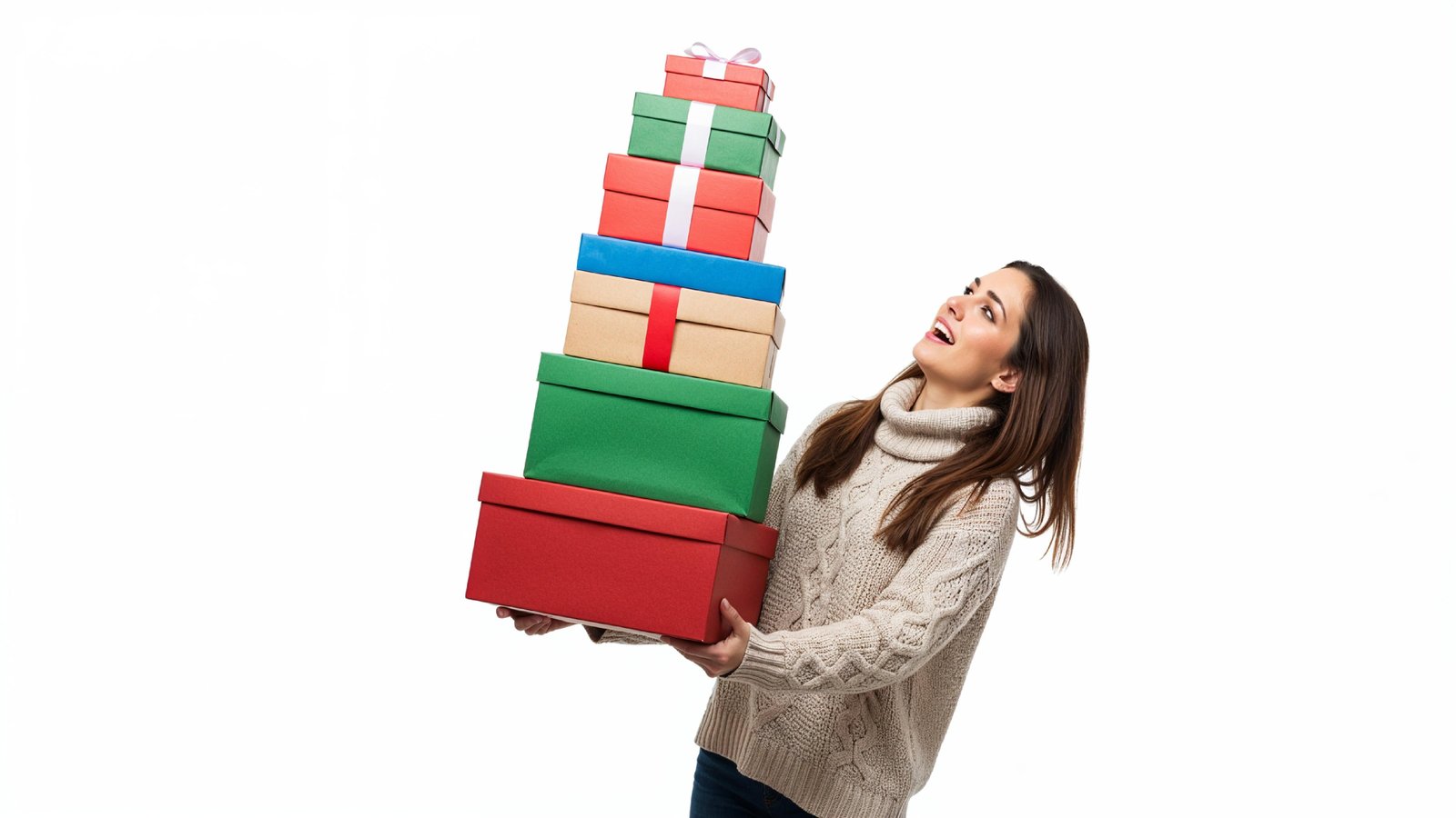 Happy Young Woman Carrying Stack of Colorful Gift Boxes