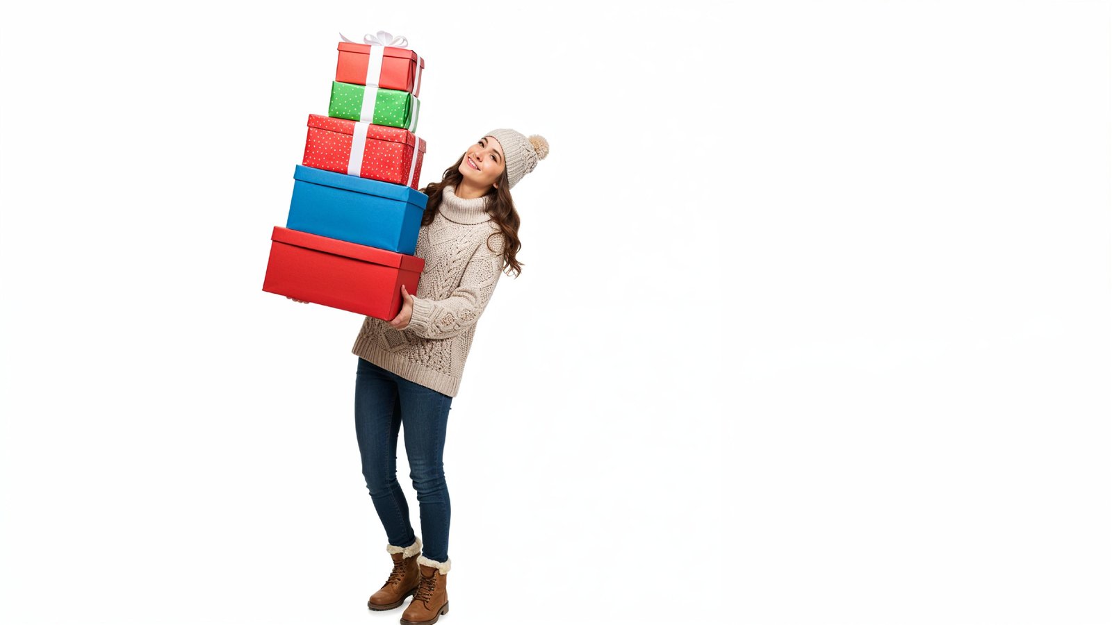 Happy Young Woman Carrying Stack of Colorful Gift Boxes