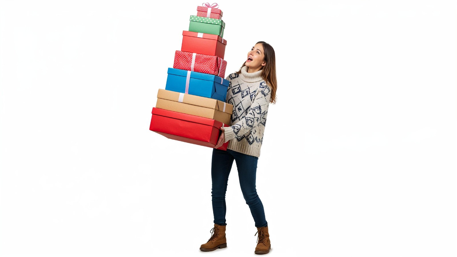 Happy Young Woman Carrying Stack of Colorful Gift Boxes