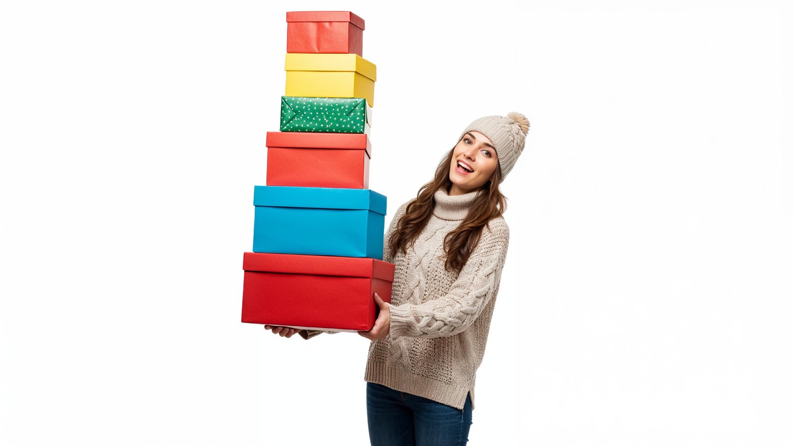 Happy Young Woman Carrying Stack of Colorful Gift Boxes