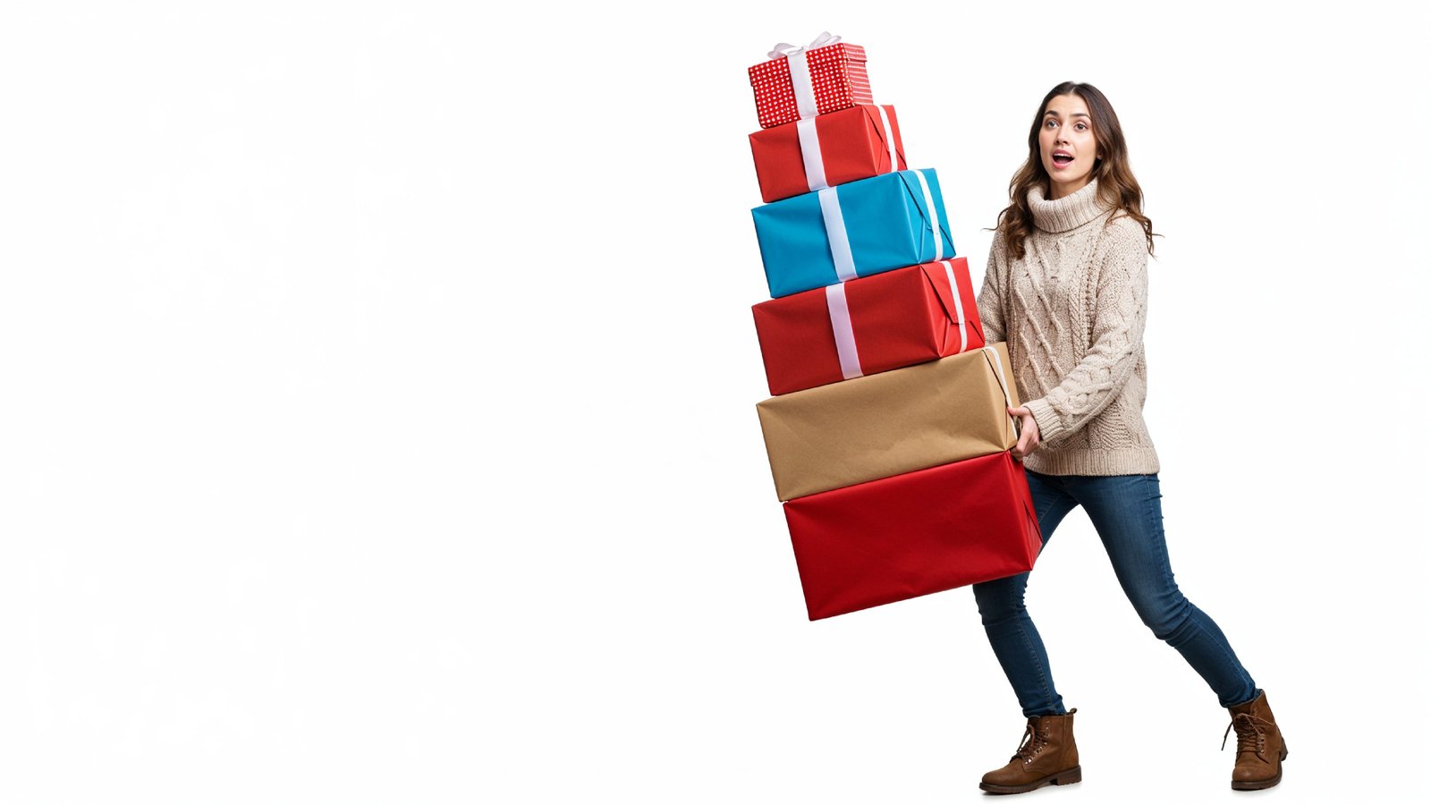 Happy Young Woman Carrying Stack of Colorful Gift Boxes