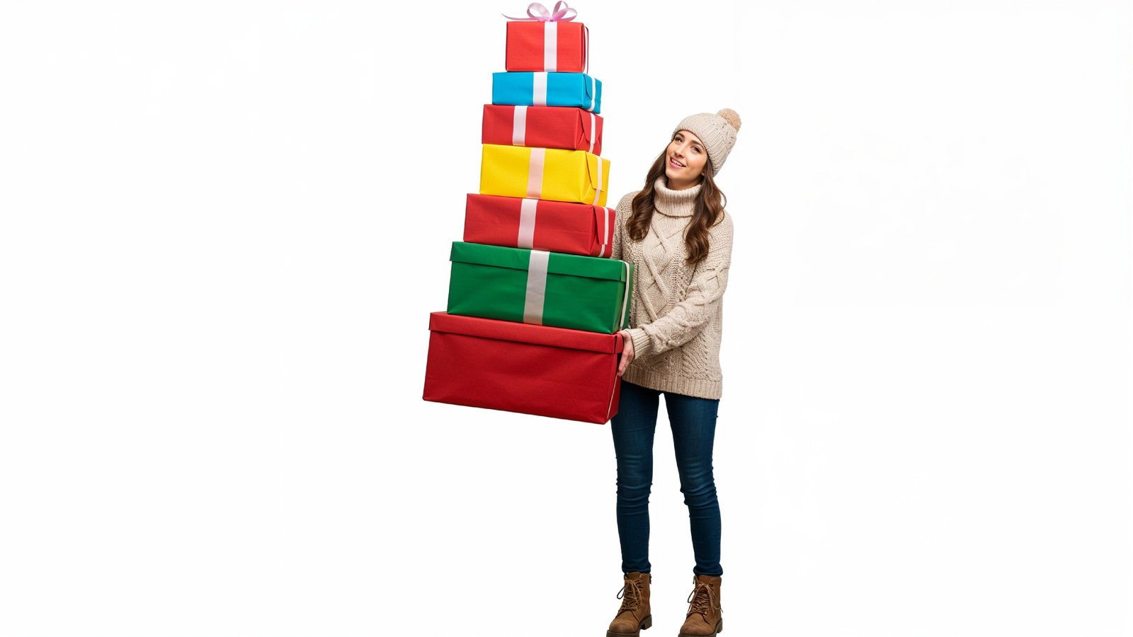 Happy Young Woman Carrying Stack of Colorful Gift Boxes