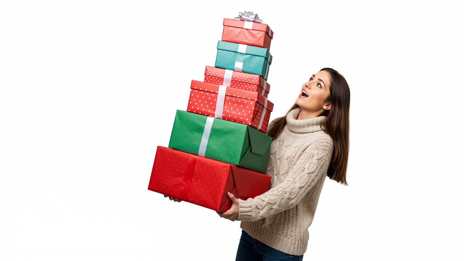 Happy Young Woman Carrying Stack of Colorful Gift Boxes