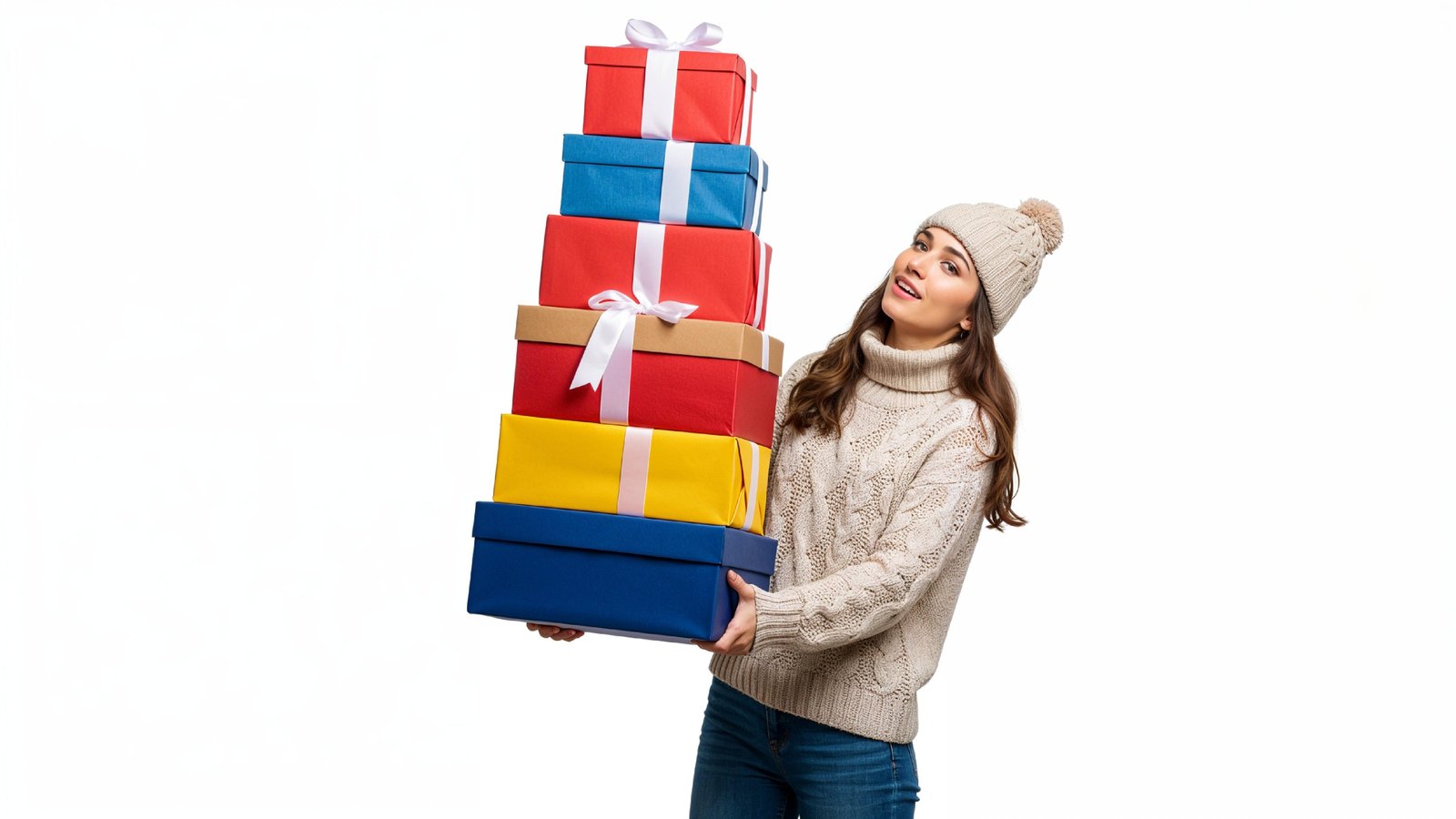 Happy Young Woman Carrying Stack of Colorful Gift Boxes