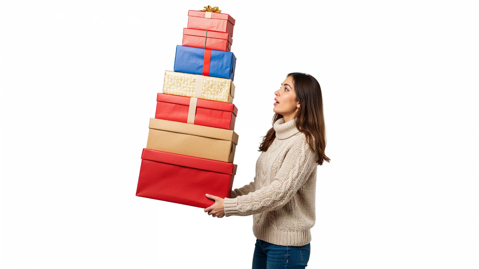 Happy Young Woman Carrying Stack of Colorful Gift Boxes