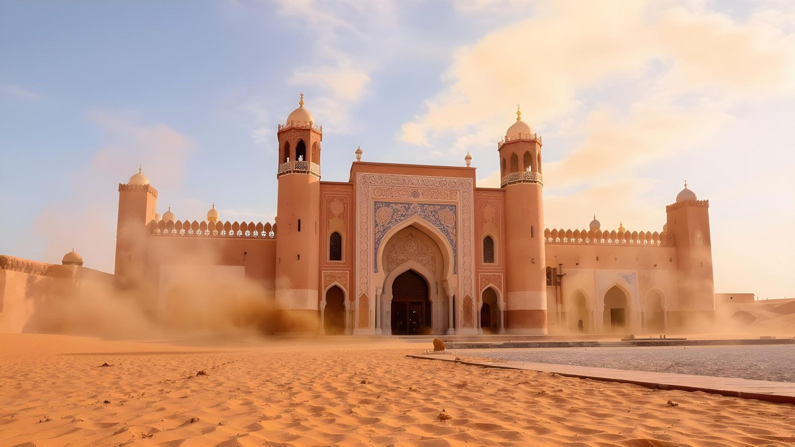 Islamic Mosque in Desert Landscape with Golden Sunlight and Moroccan Architecture