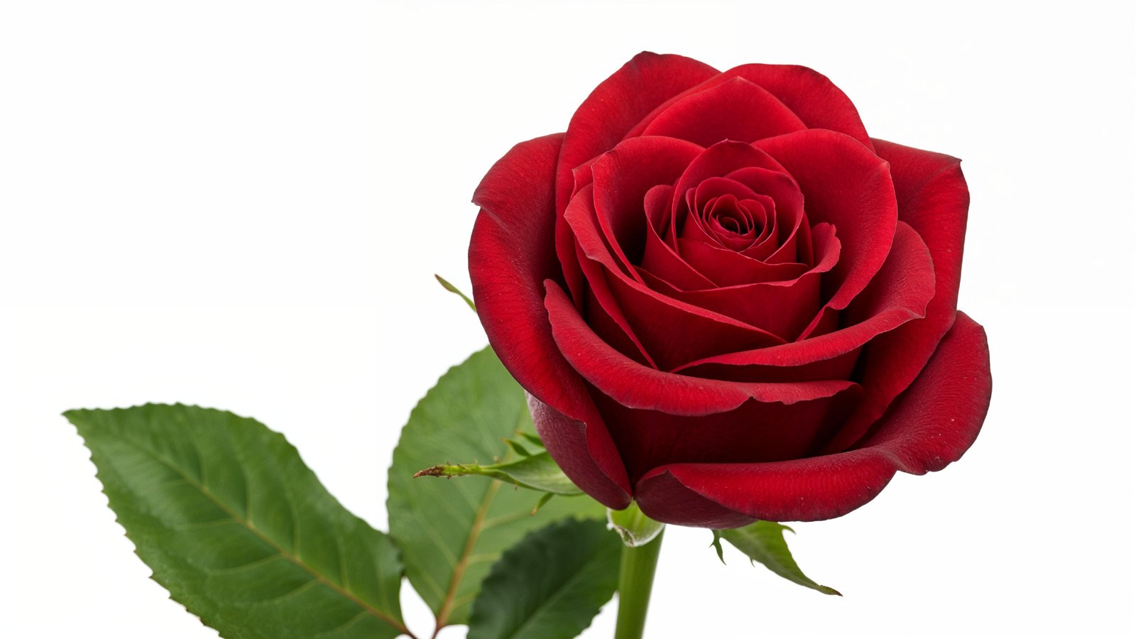 Luxury Red Rose with Green Leaves Isolated on White Background