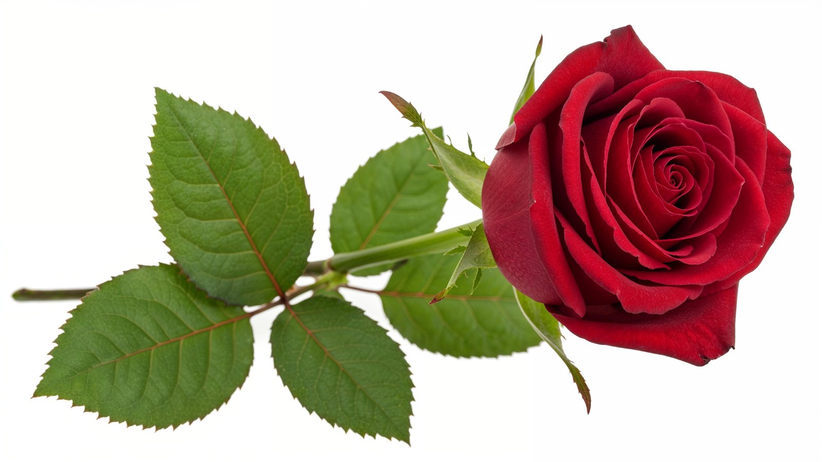 Luxury Red Rose with Green Leaves Isolated on White Background