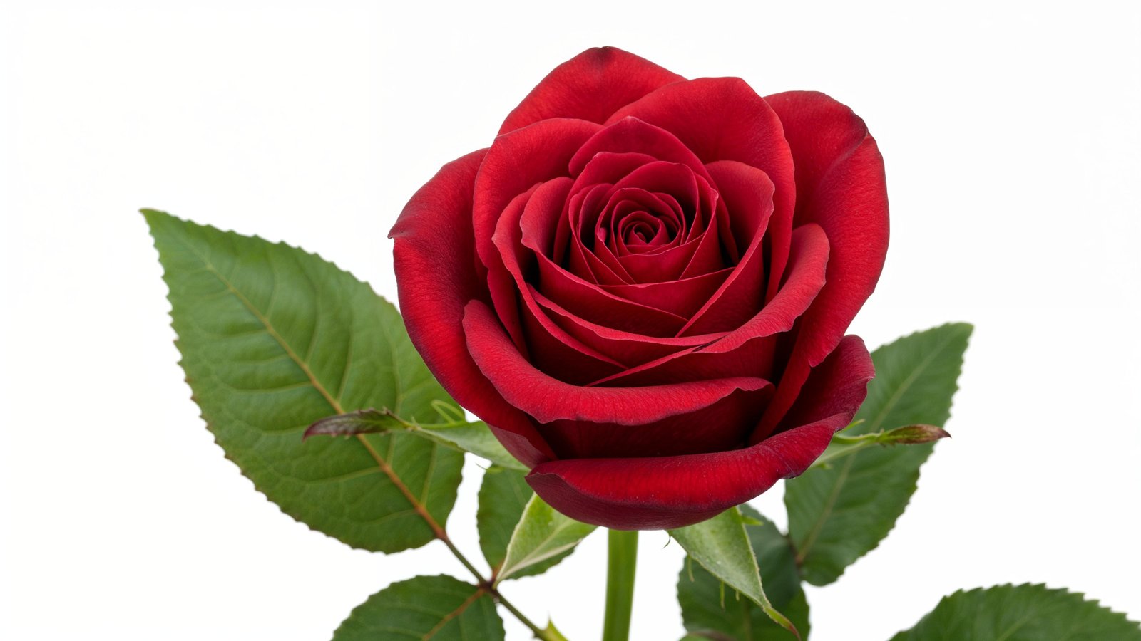 Luxury Red Rose with Green Leaves Isolated on White Background