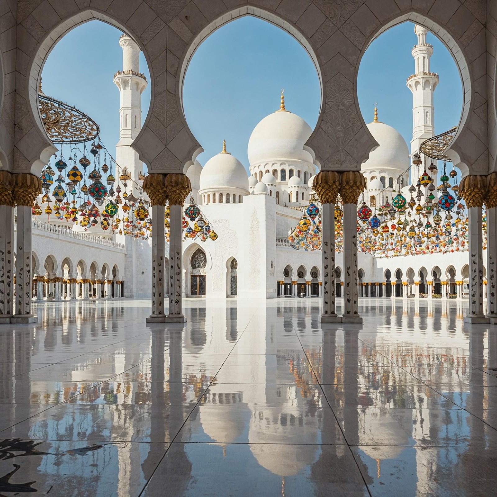 Magnificent White Marble Mosque Courtyard with Reflection and Traditional Islamic Architecture
