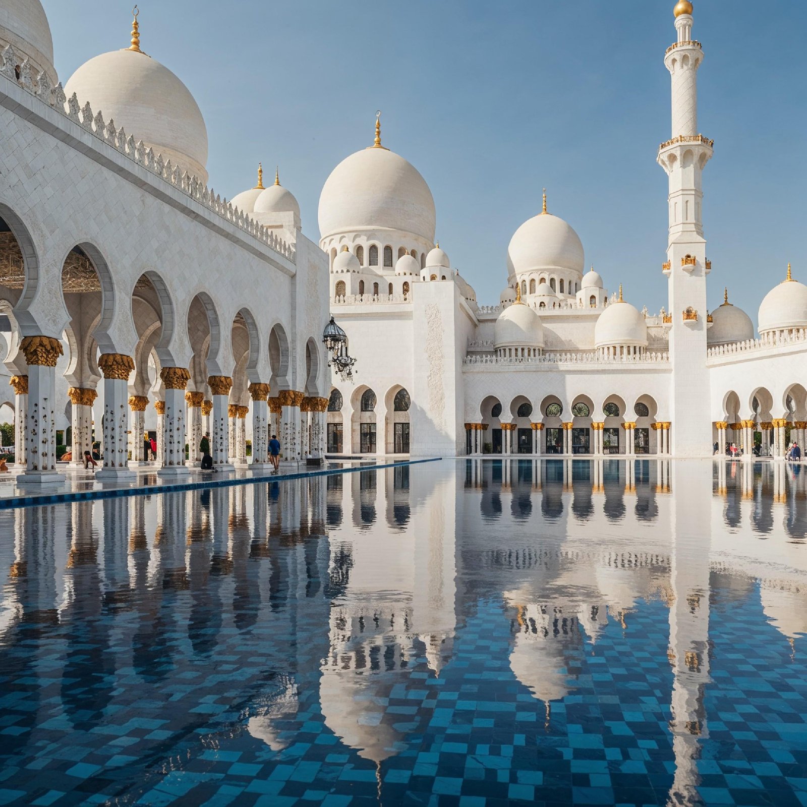 Magnificent White Marble Mosque Courtyard with Reflection and Traditional Islamic Architecture