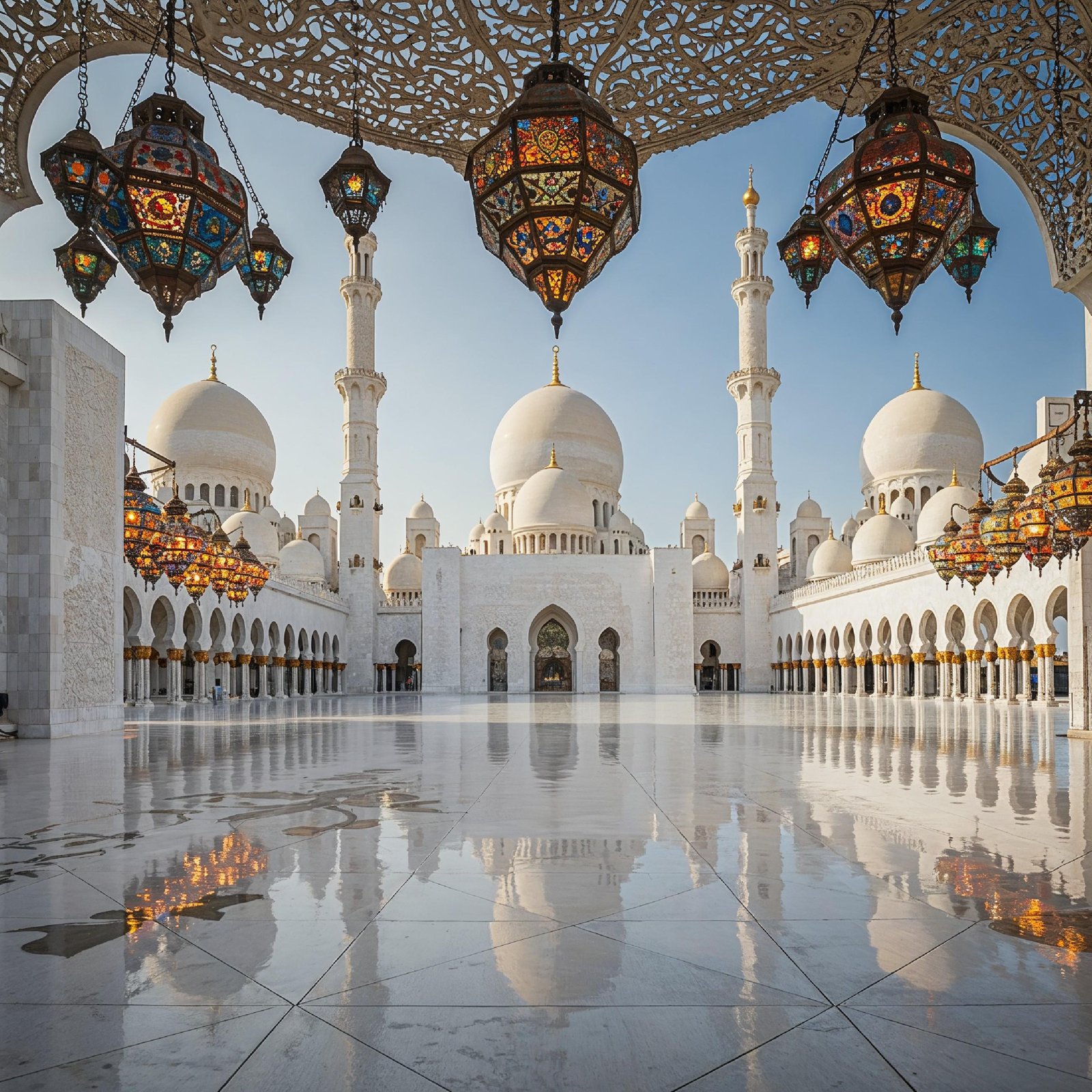 Magnificent White Marble Mosque Courtyard with Reflection and Traditional Islamic Architecture