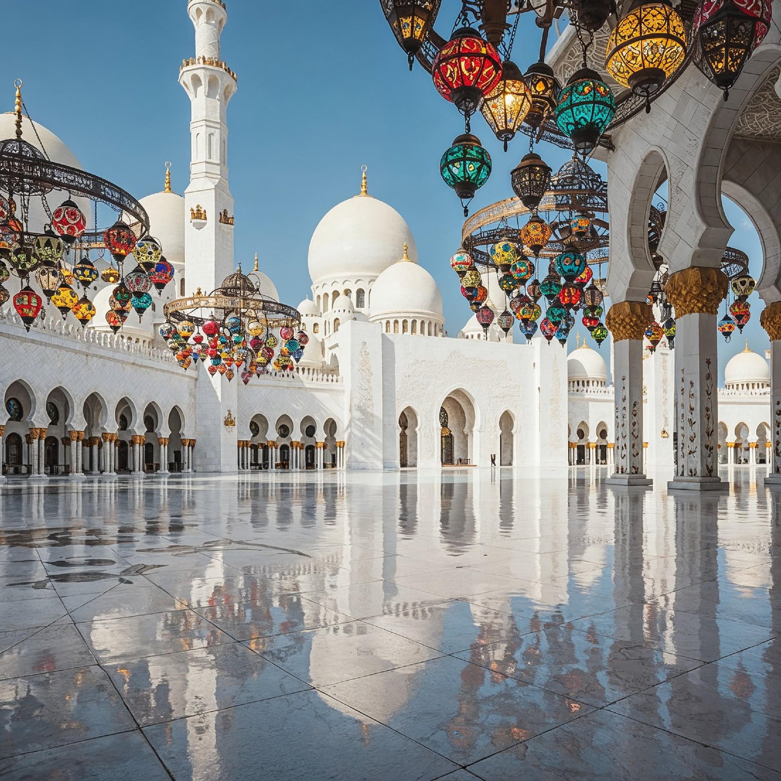 Magnificent White Marble Mosque Courtyard with Reflection and Traditional Islamic Architecture