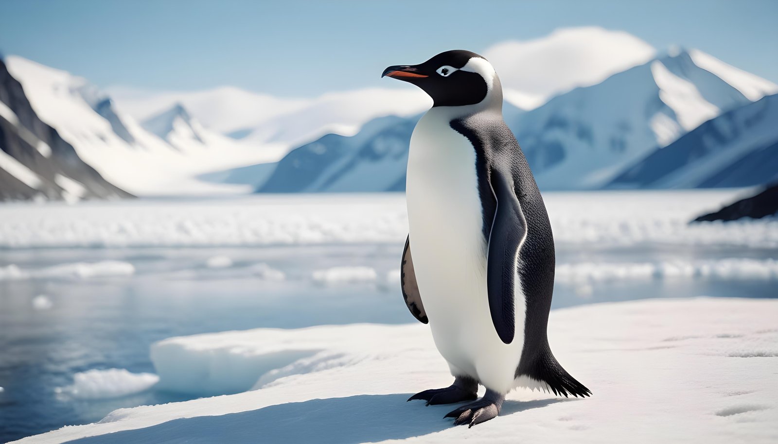 Majestic Penguin in Antarctic Landscape with Snow Covered Mountains Background
