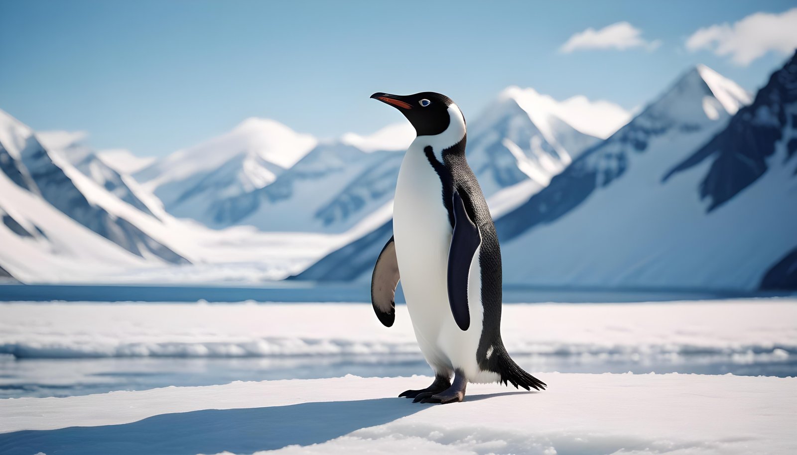 Majestic Penguin in Antarctic Landscape with Snow Covered Mountains Background