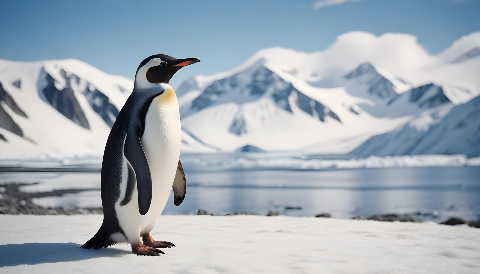 Majestic Penguin in Antarctic Landscape with Snow Covered Mountains Background