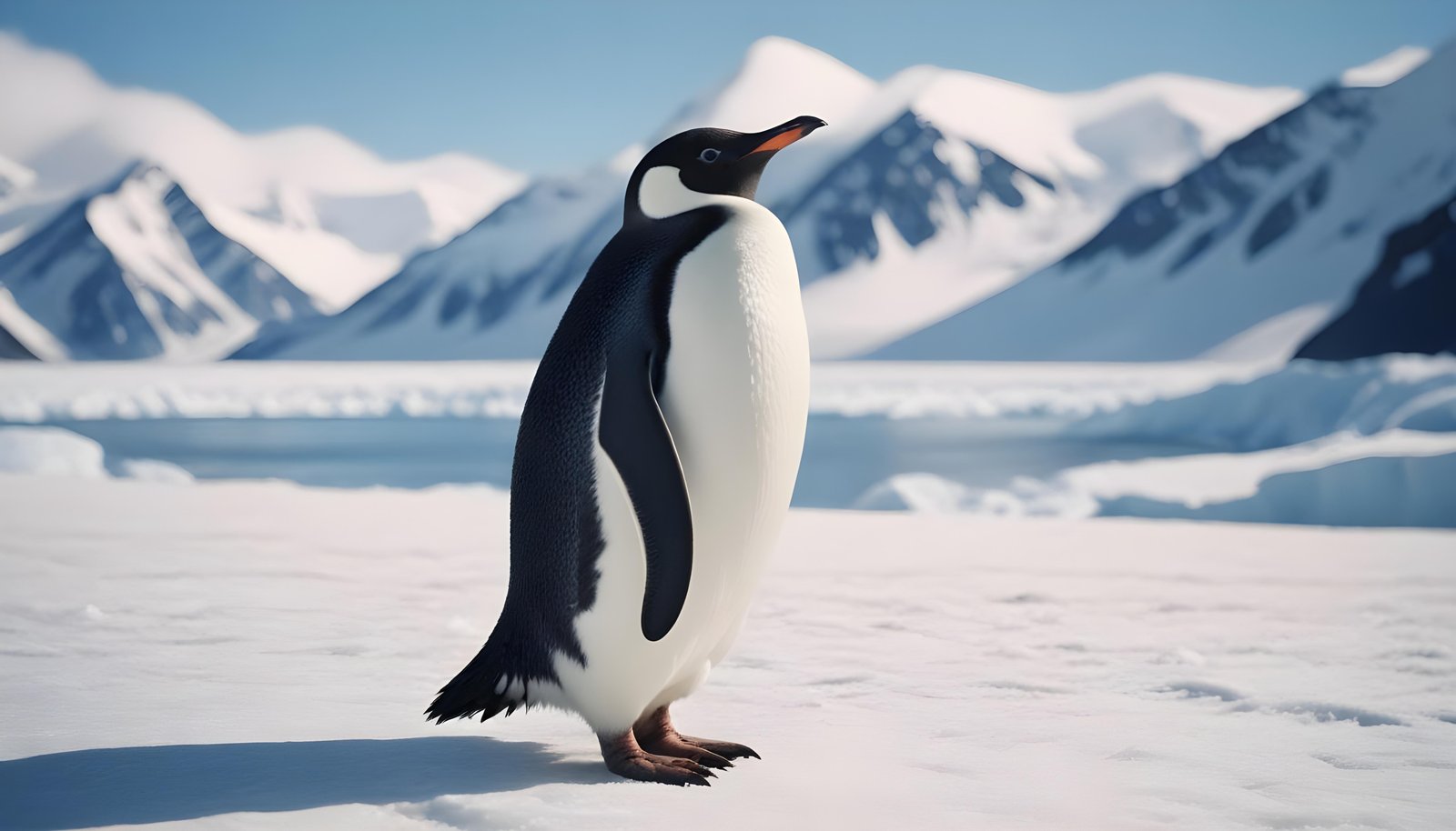 Majestic Penguin in Antarctic Landscape with Snow Covered Mountains Background