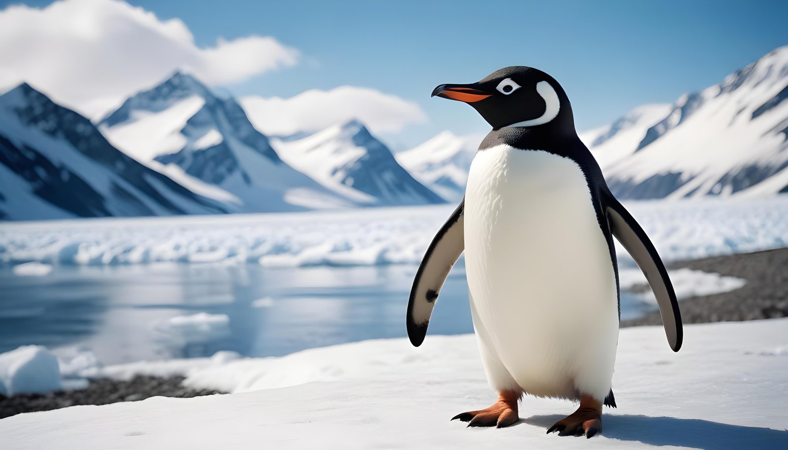 Majestic Penguin in Antarctic Landscape with Snow Covered Mountains Background